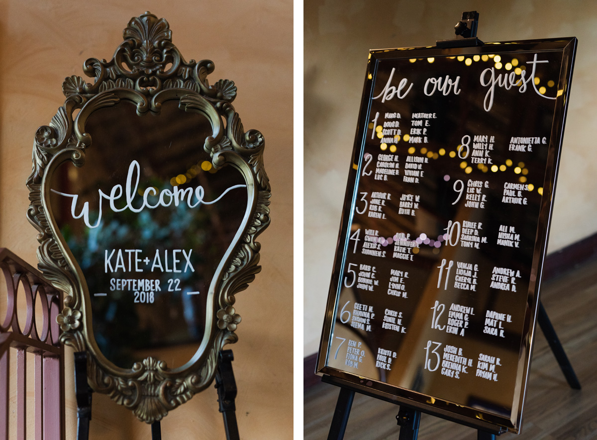 Mirror guest list and welcome sign at Code's Mill Perth wedding venue